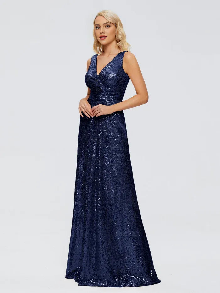 Sparkle Sheath V Neck Sleeveless Pleated Sequins Floor Length Bridesmaid Dress