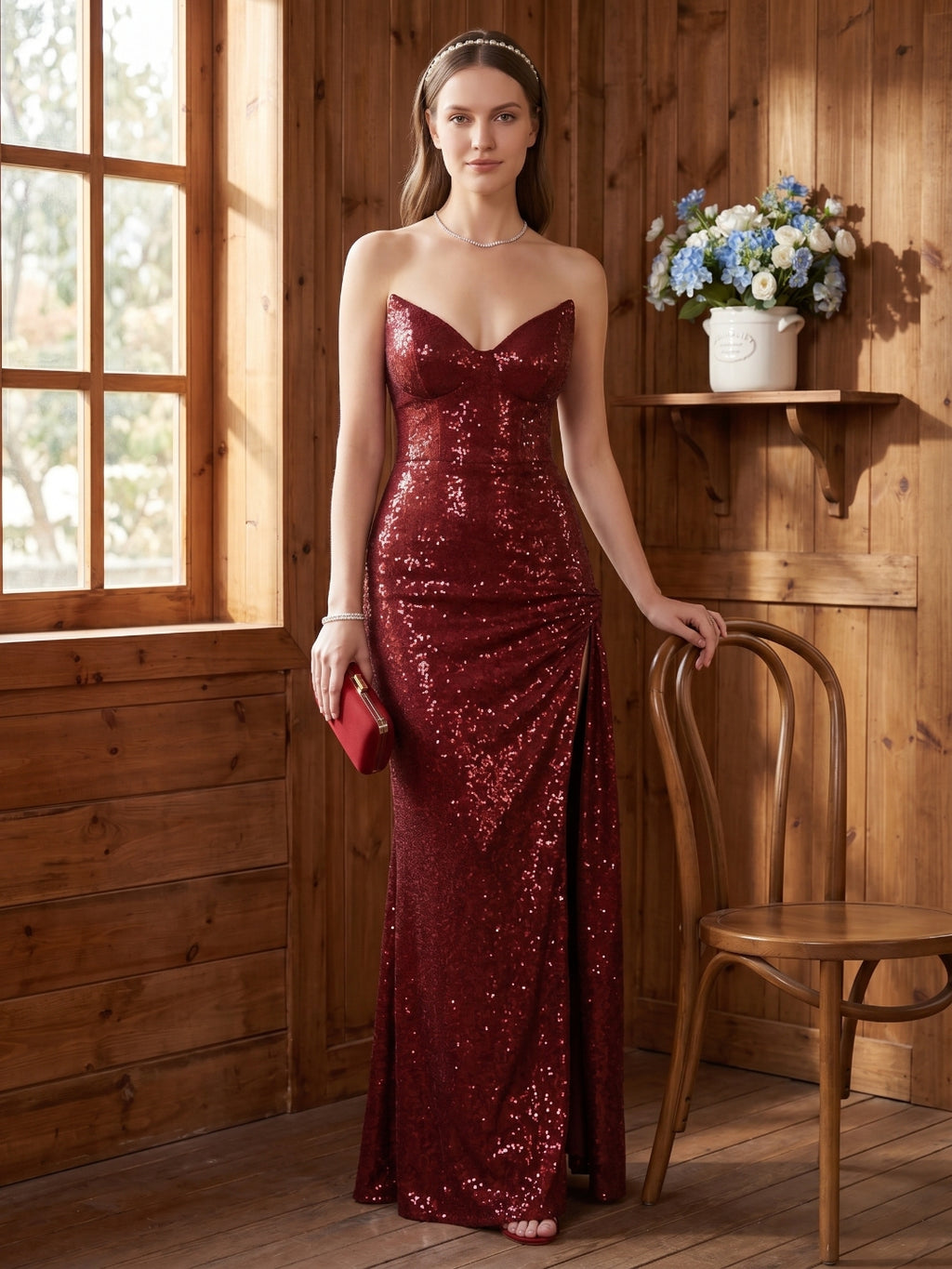 Sparkle & Shine Burgundy Sequins column V-Neck Back Zip with Sequins Ankle-Length Bridesmaid Dress