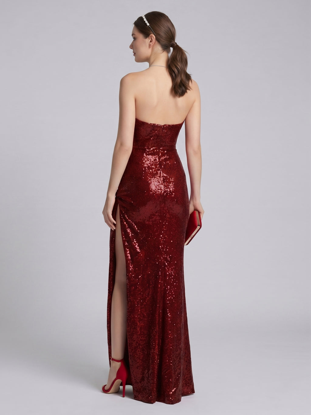 Sparkle & Shine Burgundy Sequins column V-Neck Back Zip with Sequins Ankle-Length Bridesmaid Dress