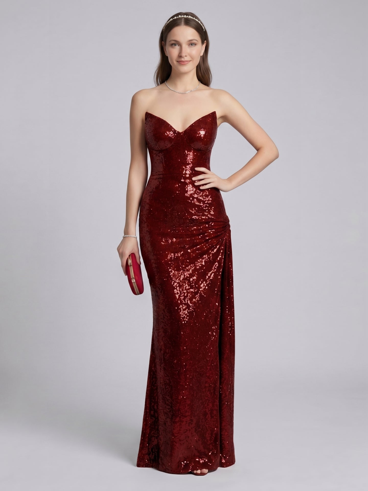 Sparkle & Shine Burgundy Sequins column V-Neck Back Zip with Sequins Ankle-Length Bridesmaid Dress