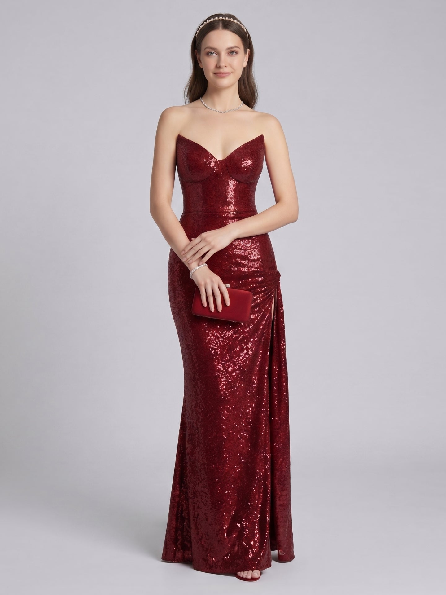 Sparkle & Shine Burgundy Sequins column V-Neck Back Zip with Sequins Ankle-Length Bridesmaid Dress