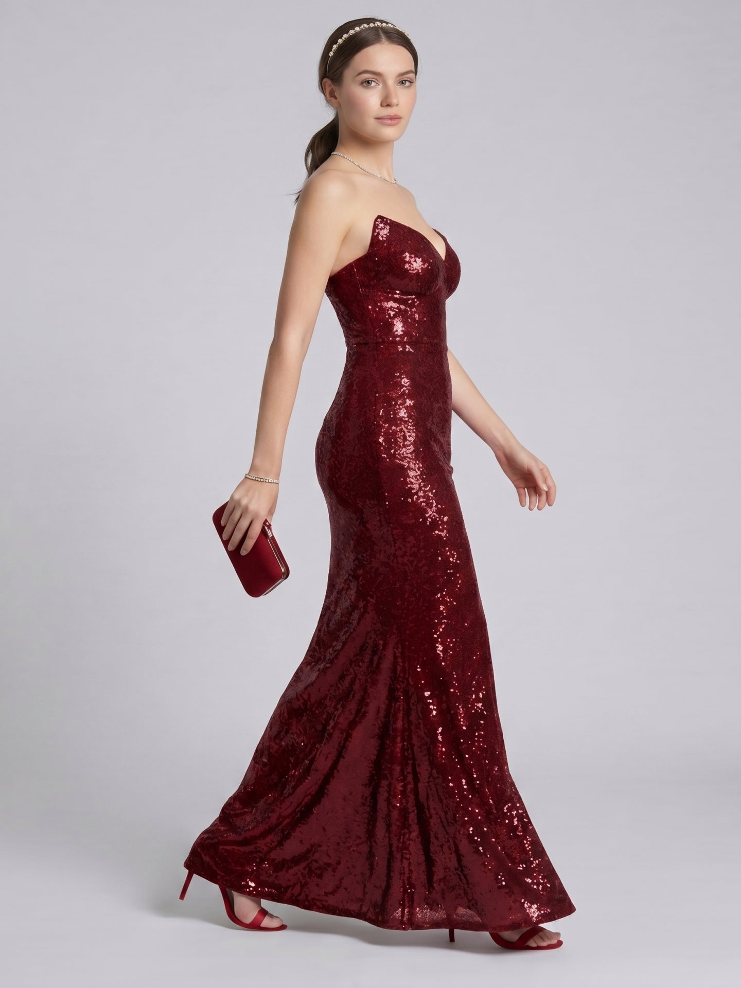 Sparkle & Shine Burgundy Sequins column V-Neck Back Zip with Sequins Ankle-Length Bridesmaid Dress