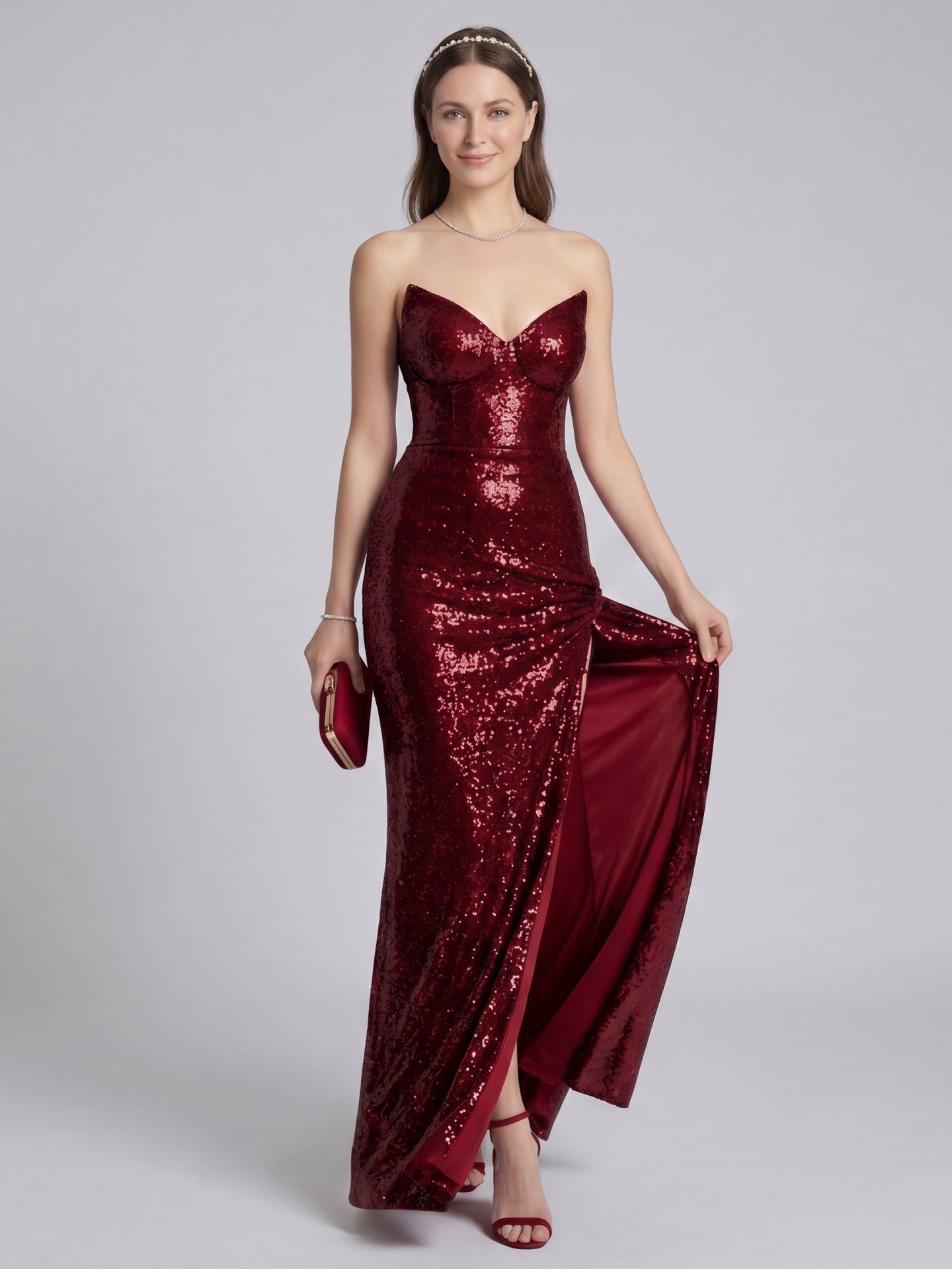 Sparkle & Shine Burgundy Sequins column V-Neck Back Zip with Sequins Ankle-Length Bridesmaid Dress