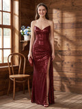 Sparkle & Shine Burgundy Sequins column V-Neck Back Zip with Sequins Ankle-Length Bridesmaid Dress