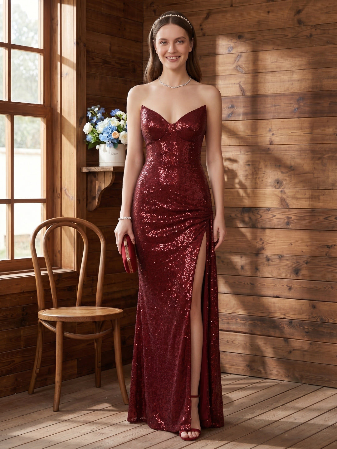 Sparkle & Shine Burgundy Sequins column V-Neck Back Zip with Sequins Ankle-Length Bridesmaid Dress