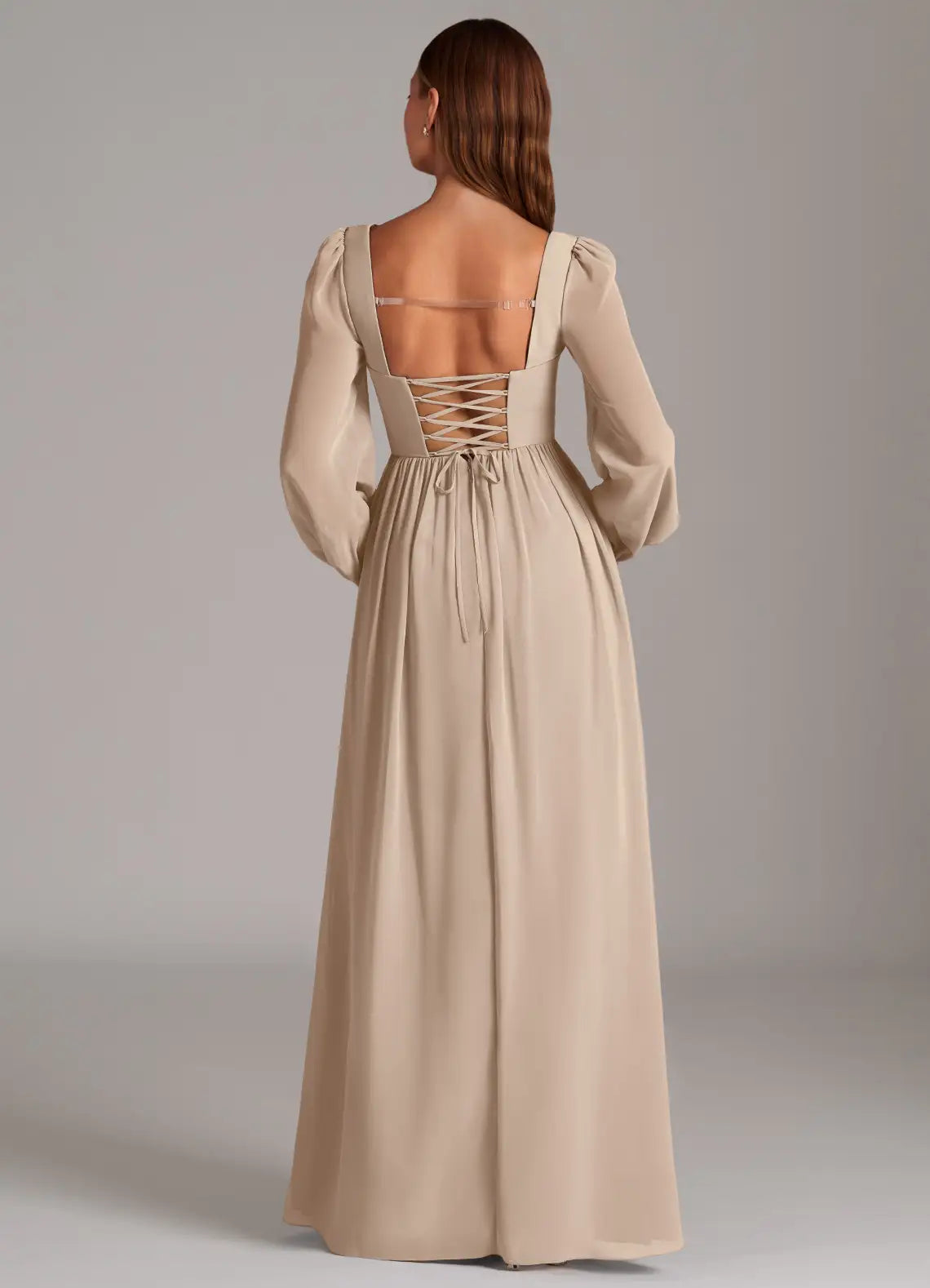 Square Neck Bridesmaid Dress with Long Sheer Sleeves, Corset Lace-Up Back and Flowy Skirt