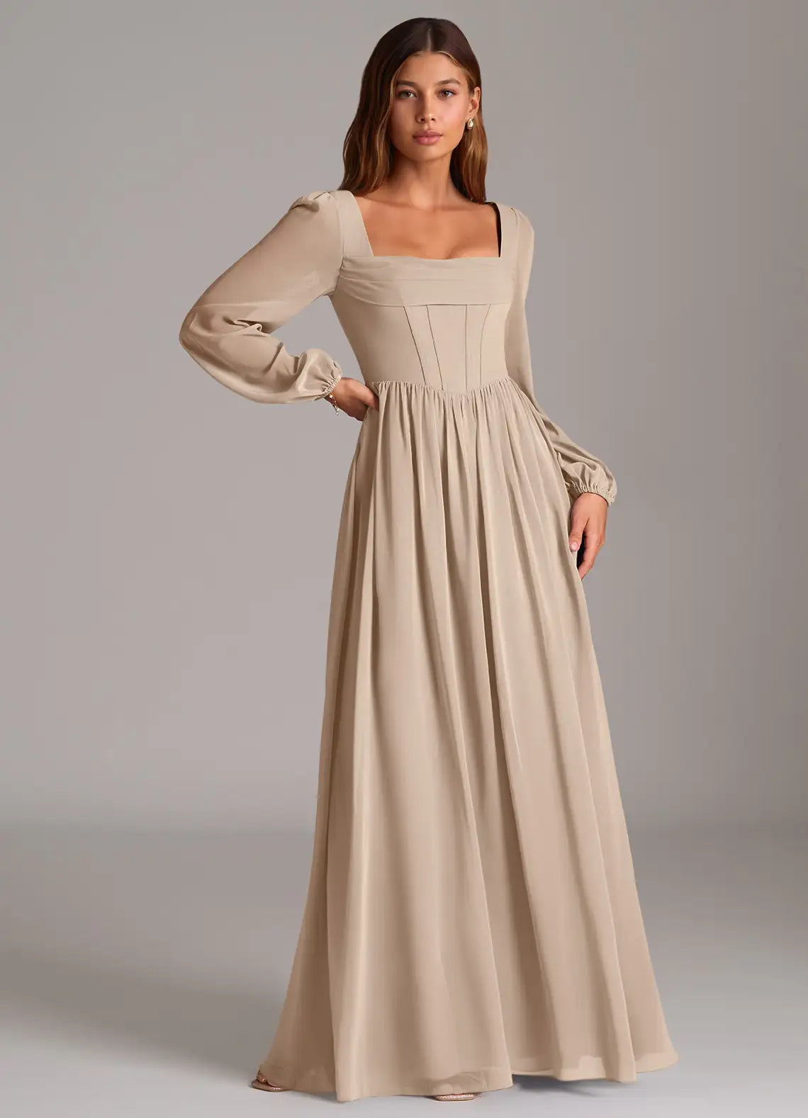 Square Neck Bridesmaid Dress with Long Sheer Sleeves, Corset Lace-Up Back and Flowy Skirt