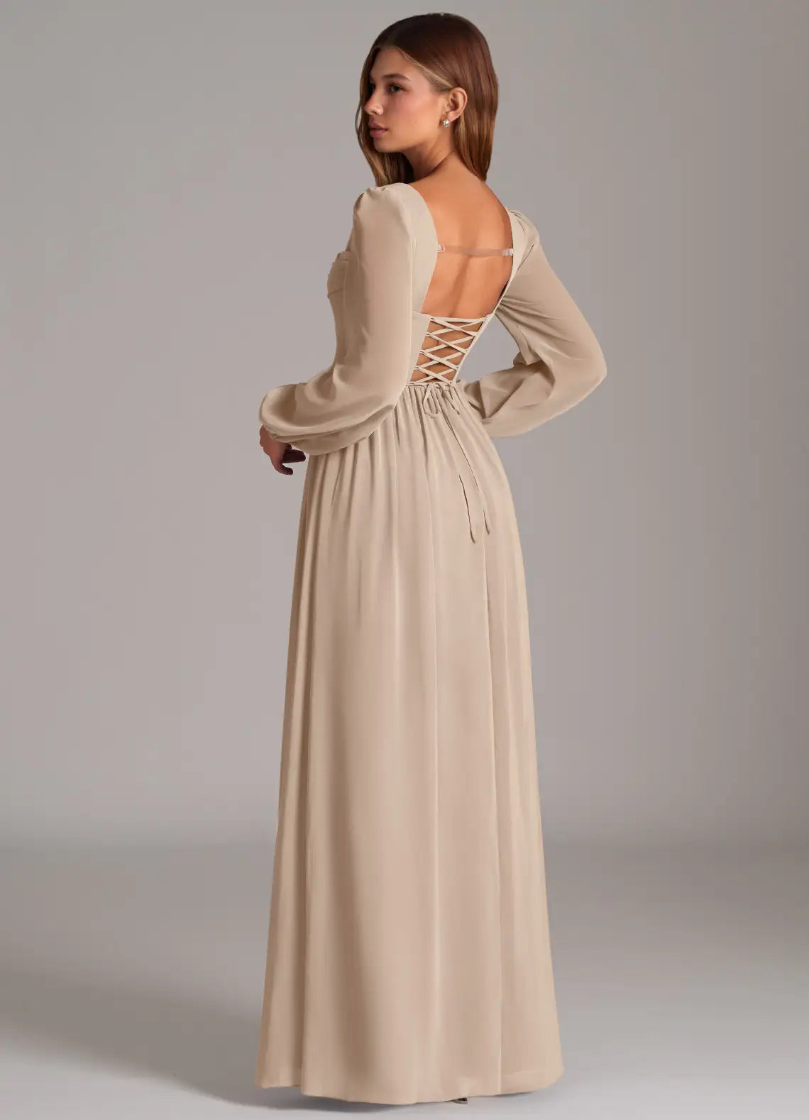 Square Neck Bridesmaid Dress with Long Sheer Sleeves, Corset Lace-Up Back and Flowy Skirt