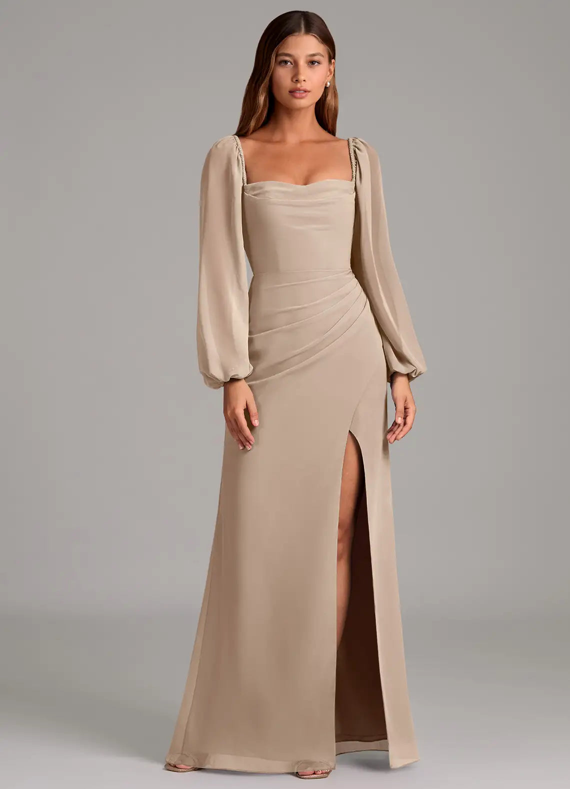 Square Neck Bridesmaid Dress with Sheer Puffed Sleeves, Back Cutout and High Slit