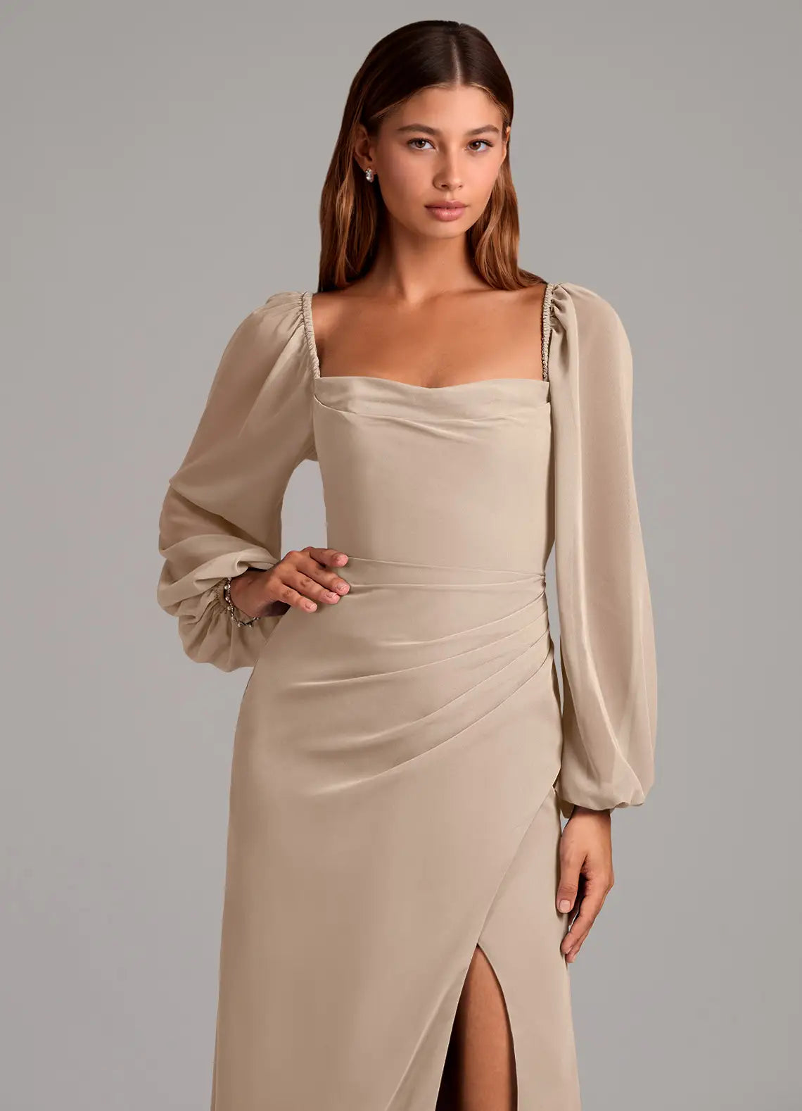 Square Neck Bridesmaid Dress with Sheer Puffed Sleeves, Back Cutout and High Slit