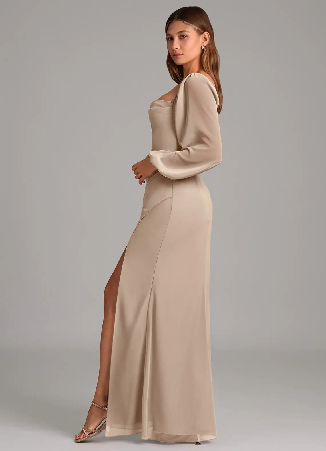 Square Neck Bridesmaid Dress with Sheer Puffed Sleeves, Back Cutout and High Slit
