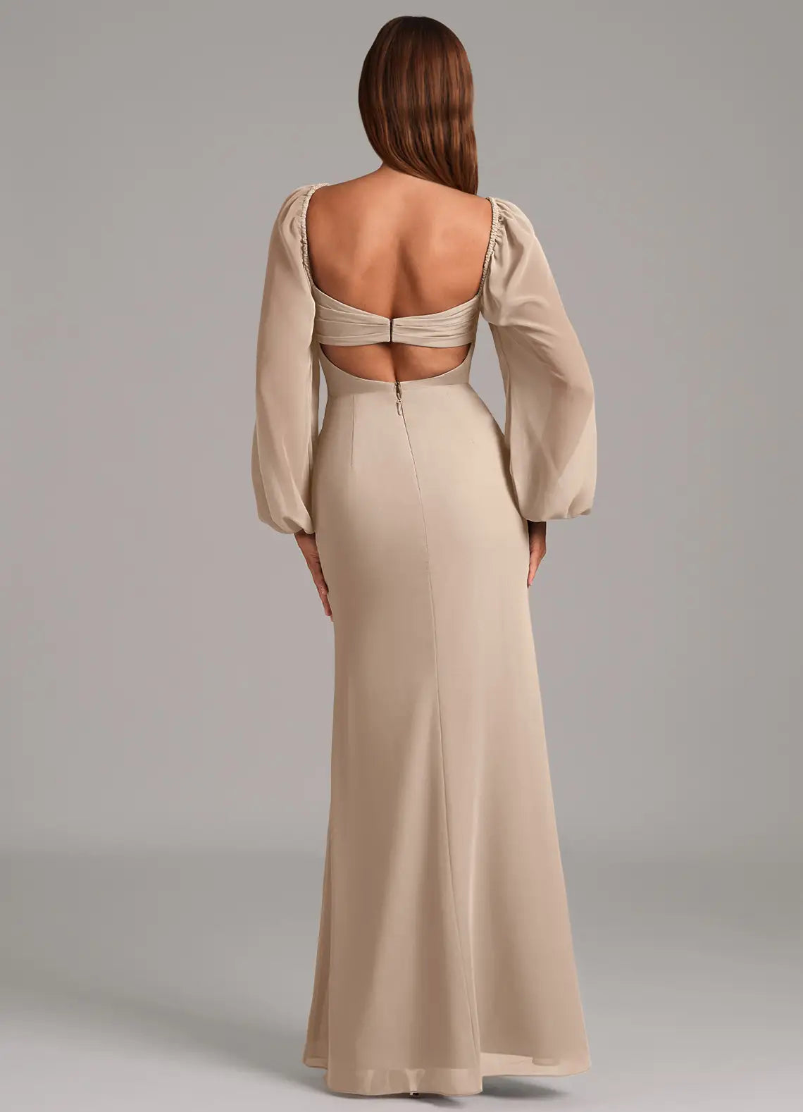 Square Neck Bridesmaid Dress with Sheer Puffed Sleeves, Back Cutout and High Slit