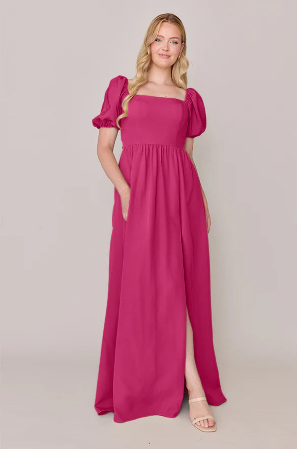 Square Neck Chiffon Bridesmaid Dresses with Puffed Short Sleeves, Back Bow Detail, Side Pockets and High Slit Formal Gown