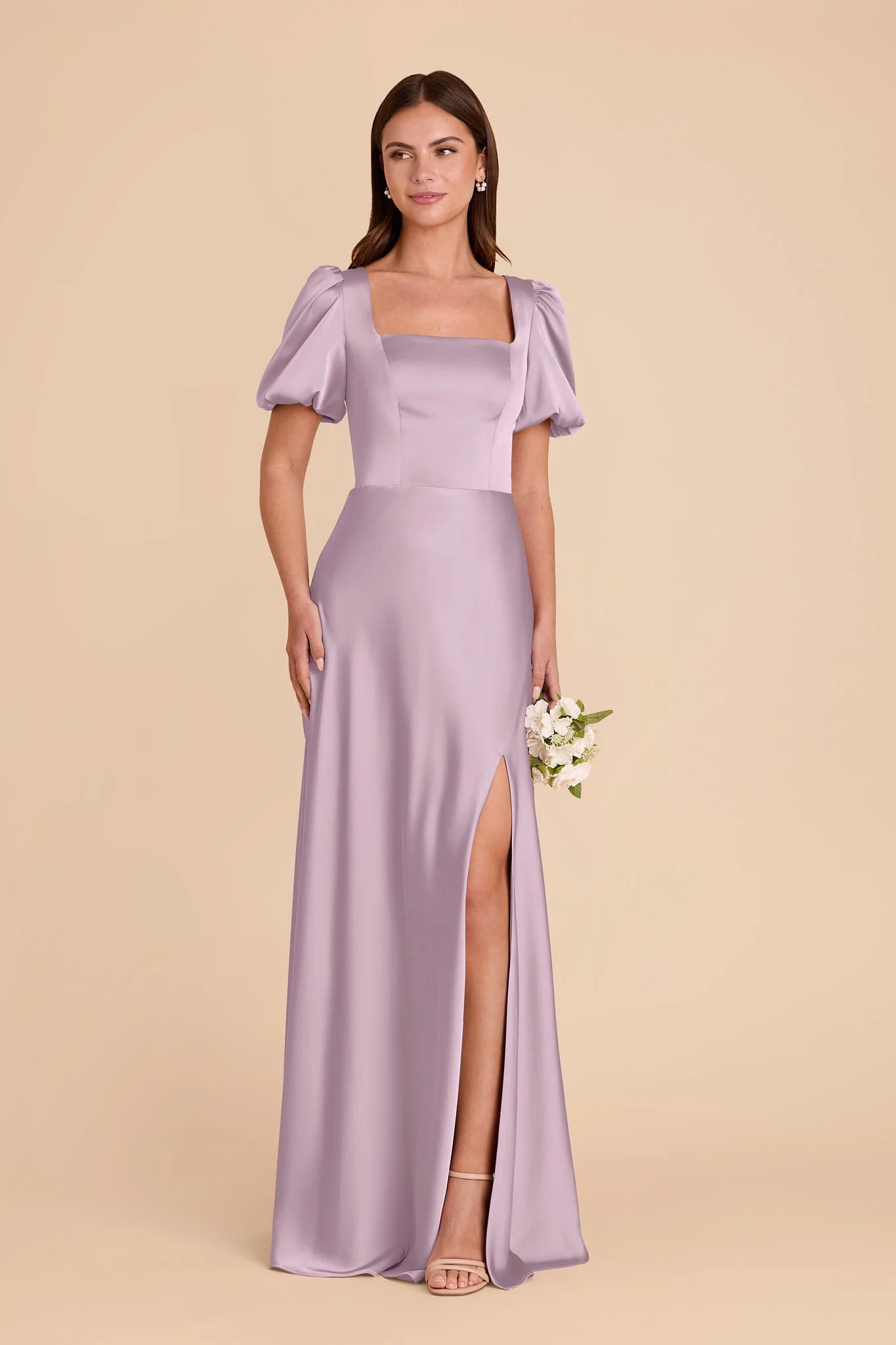 Square Neck Puff Short Sleeve Satin Bridesmaid Dress Back Tie High Slit A Line Floor Length Wedding Guest Formal Gown