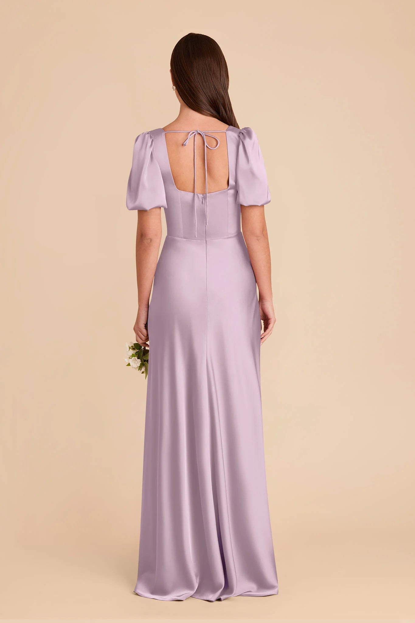 Square Neck Puff Short Sleeve Satin Bridesmaid Dress Back Tie High Slit A Line Floor Length Wedding Guest Formal Gown