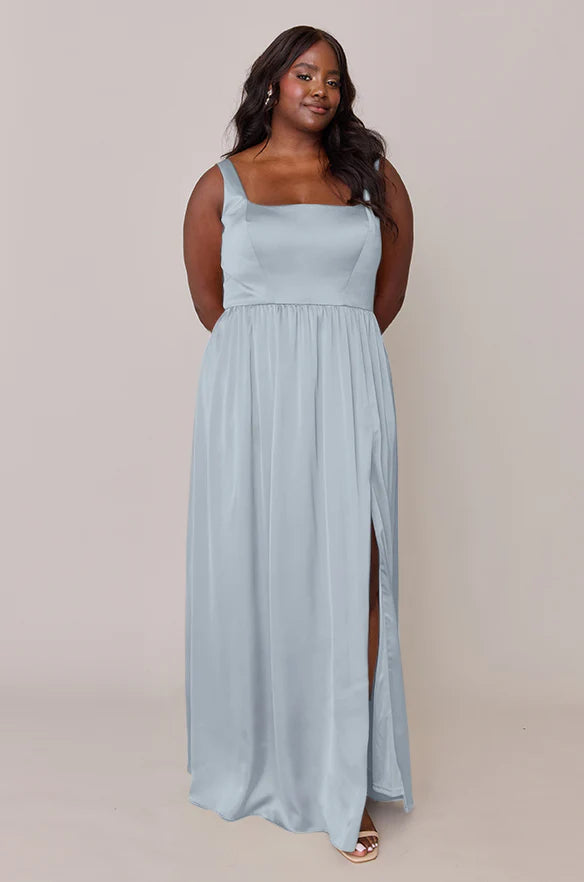 Square Neck Satin Bridesmaid Dress with Wide Straps, Ruched Waist, Side High Slit & Flowy Maxi Silhouette