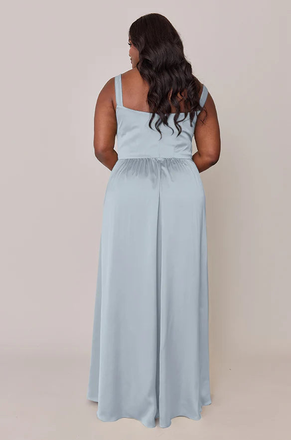 Square Neck Satin Bridesmaid Dress with Wide Straps, Ruched Waist, Side High Slit & Flowy Maxi Silhouette