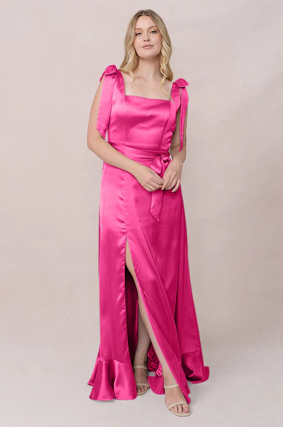 Square Neck Satin Bridesmaid Dresses with Convertible Shoulder Bow Ties, Waist Sash, Ruffle Hem and High Slit Formal Gown