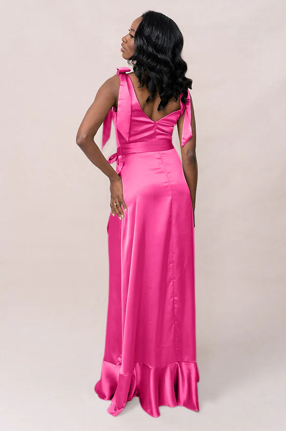 Square Neck Satin Bridesmaid Dresses with Convertible Shoulder Bow Ties, Waist Sash, Ruffle Hem and High Slit Formal Gown