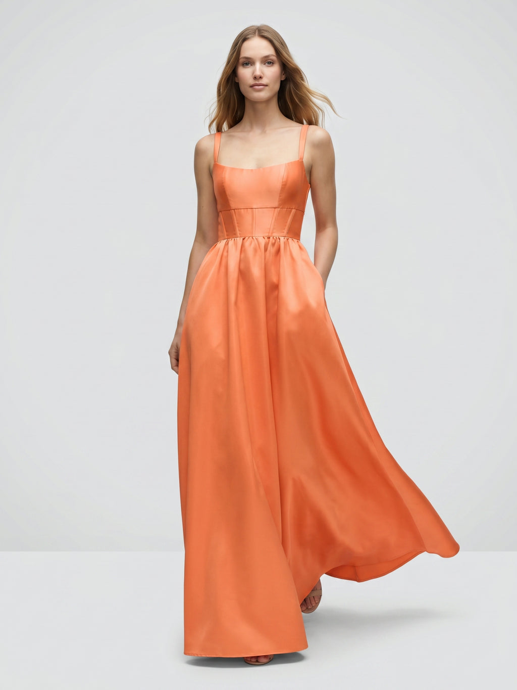 Statement Orange Satin A-Line Square Neck Backless Floor-Length Bridesmaid Dress with Pleated Detail