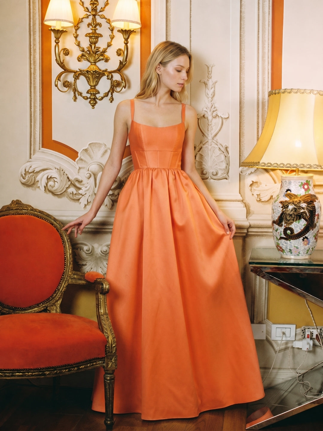 Statement Orange Satin A-Line Square Neck Backless Floor-Length Bridesmaid Dress with Pleated Detail
