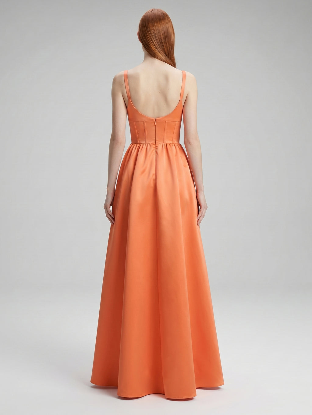 Statement Orange Satin A-Line Square Neck Backless Floor-Length Bridesmaid Dress with Pleated Detail