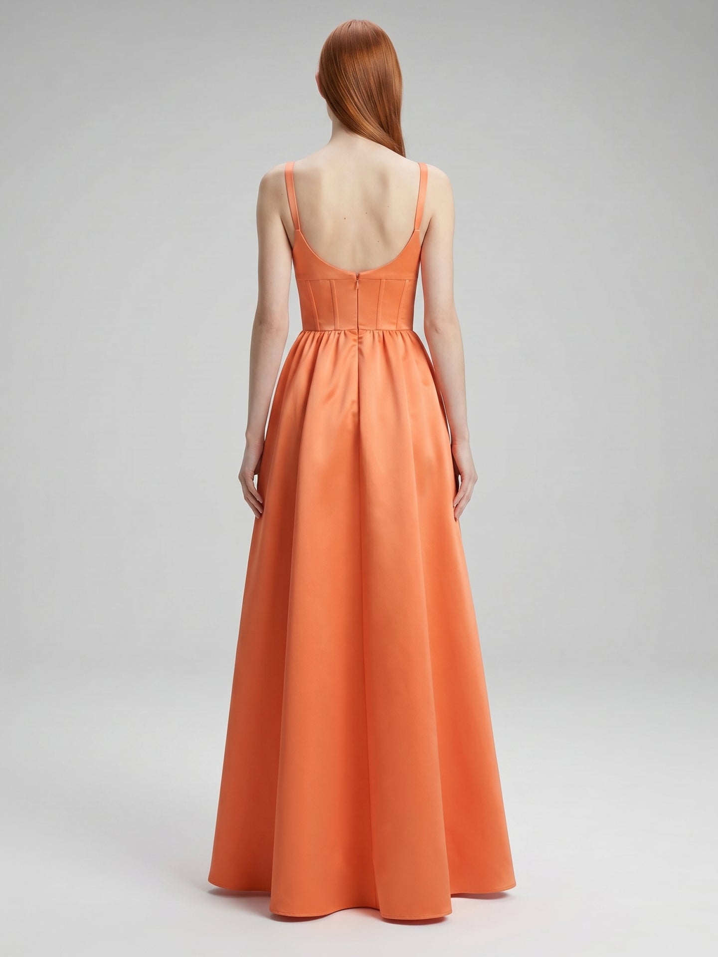 Statement Orange Satin A-Line Square Neck Backless Floor-Length Bridesmaid Dress with Pleated Detail