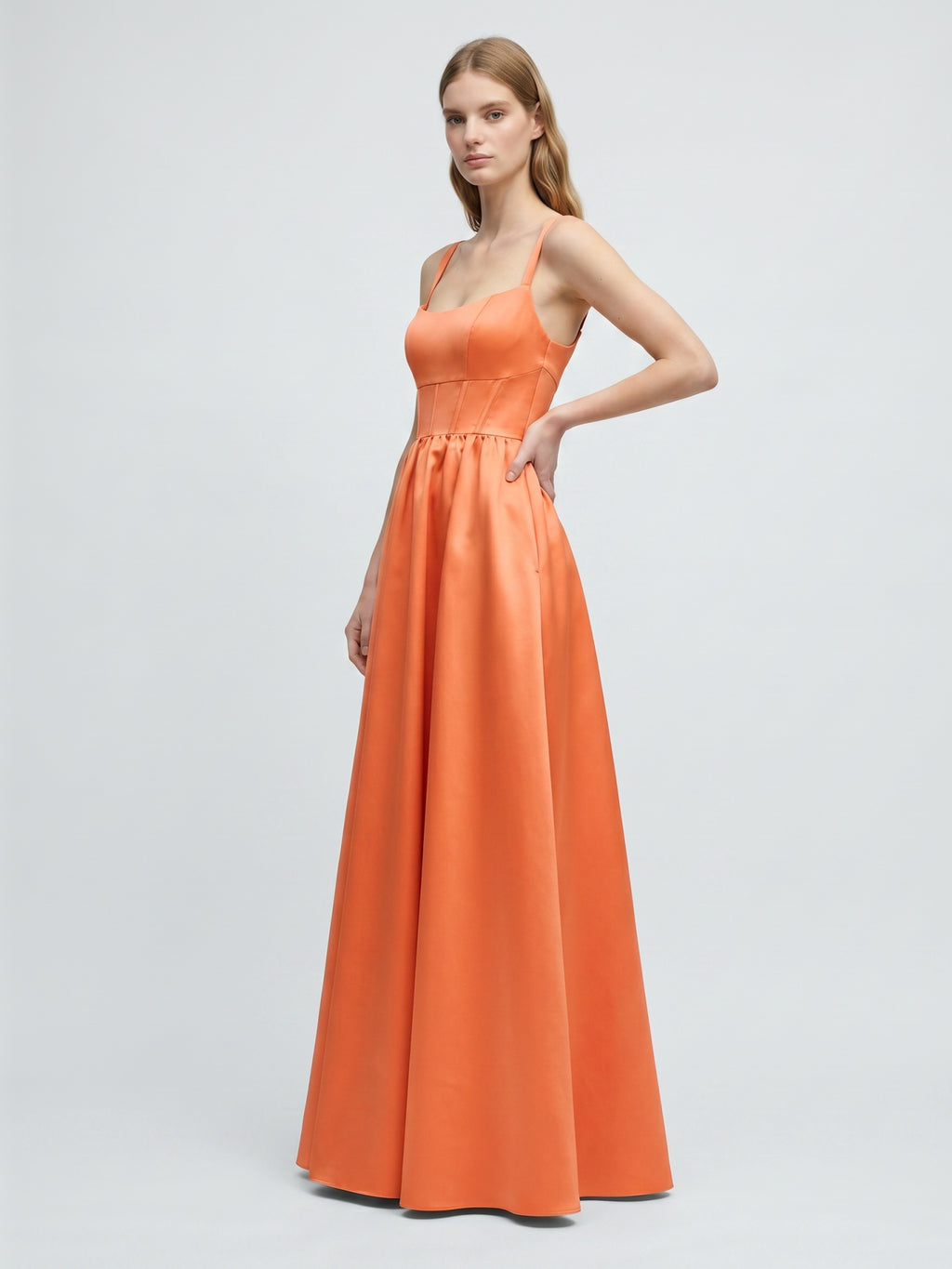 Statement Orange Satin A-Line Square Neck Backless Floor-Length Bridesmaid Dress with Pleated Detail