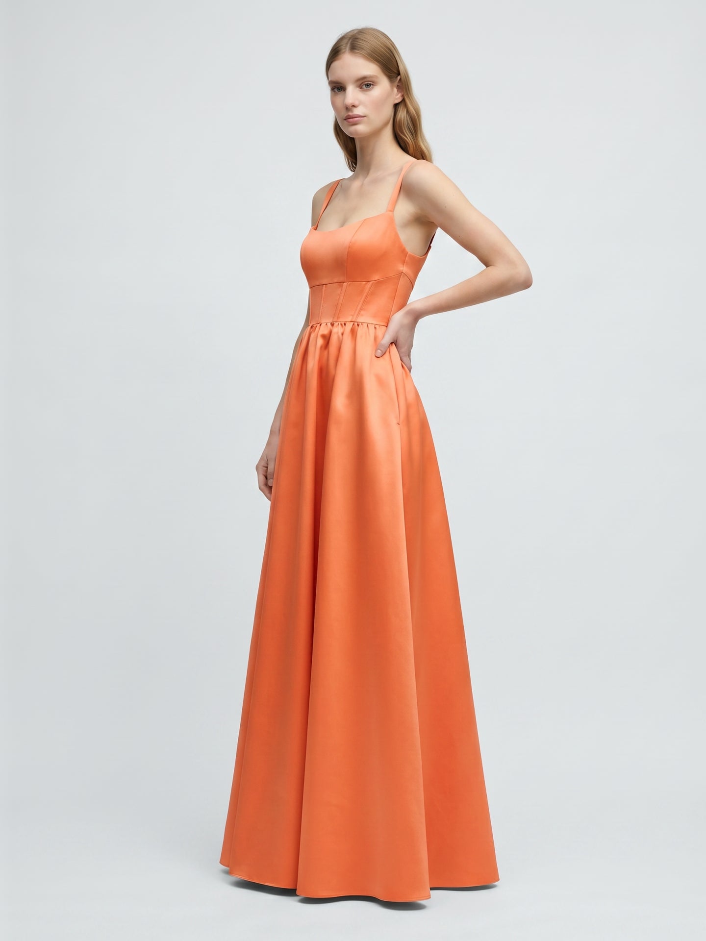 Statement Orange Satin A-Line Square Neck Backless Floor-Length Bridesmaid Dress with Pleated Detail