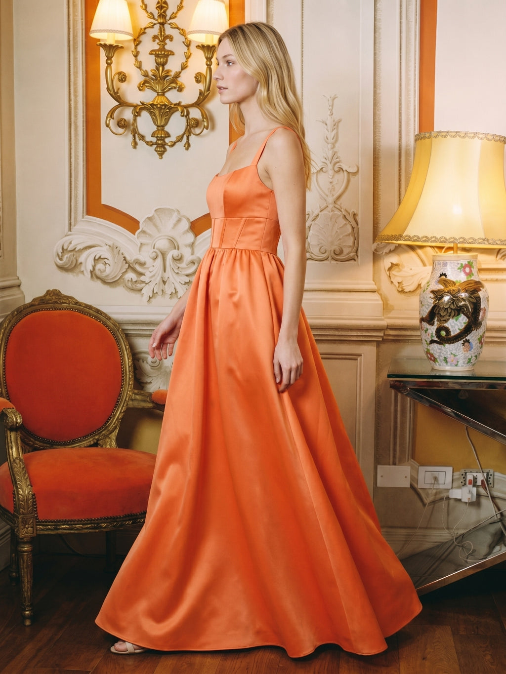 Statement Orange Satin A-Line Square Neck Backless Floor-Length Bridesmaid Dress with Pleated Detail