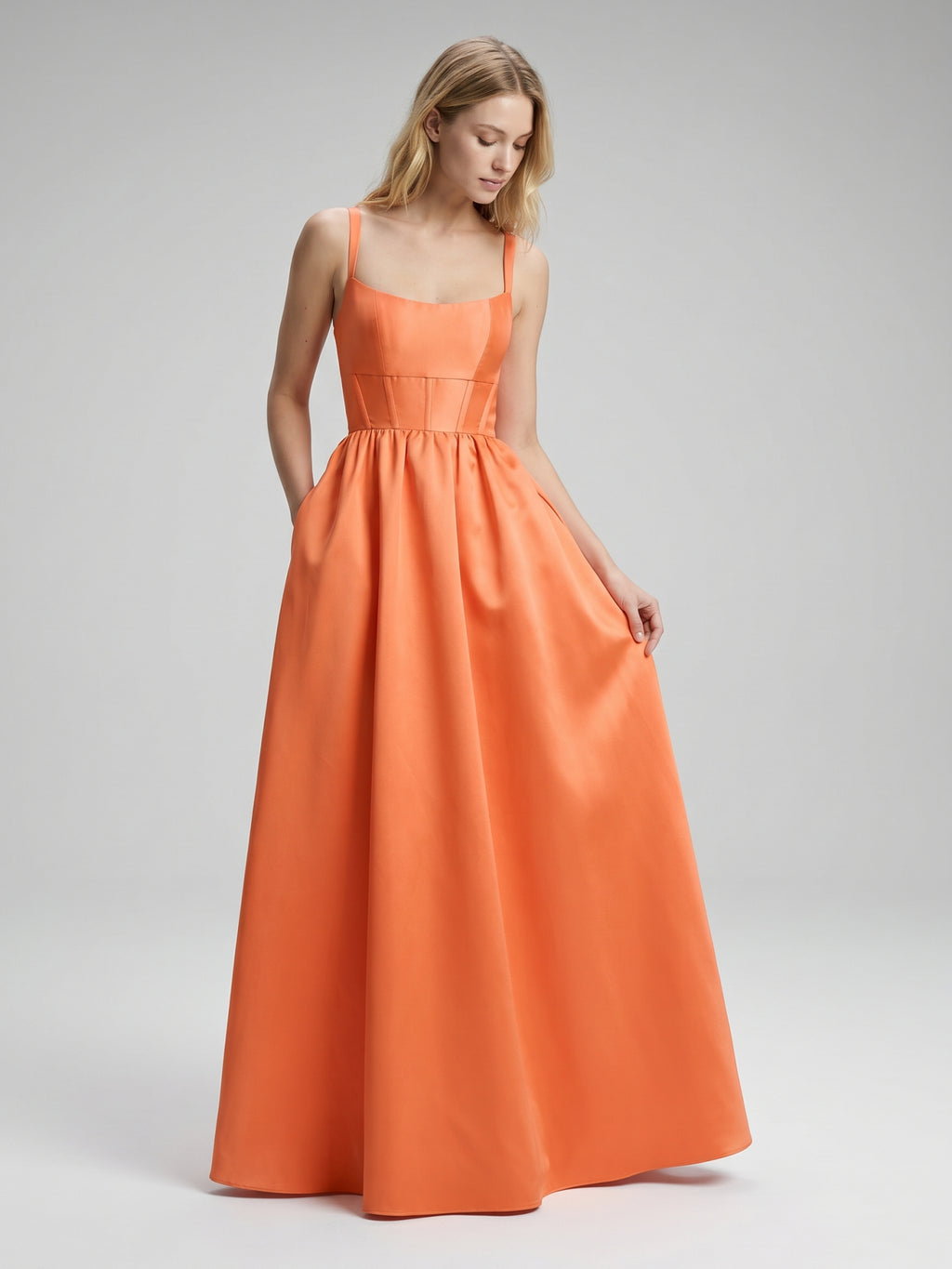 Statement Orange Satin A-Line Square Neck Backless Floor-Length Bridesmaid Dress with Pleated Detail