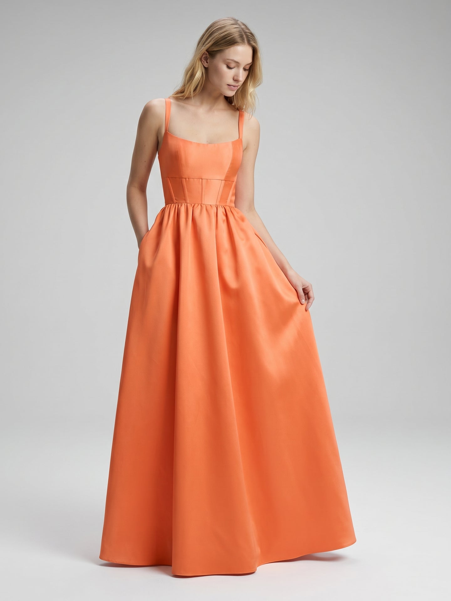 Statement Orange Satin A-Line Square Neck Backless Floor-Length Bridesmaid Dress with Pleated Detail