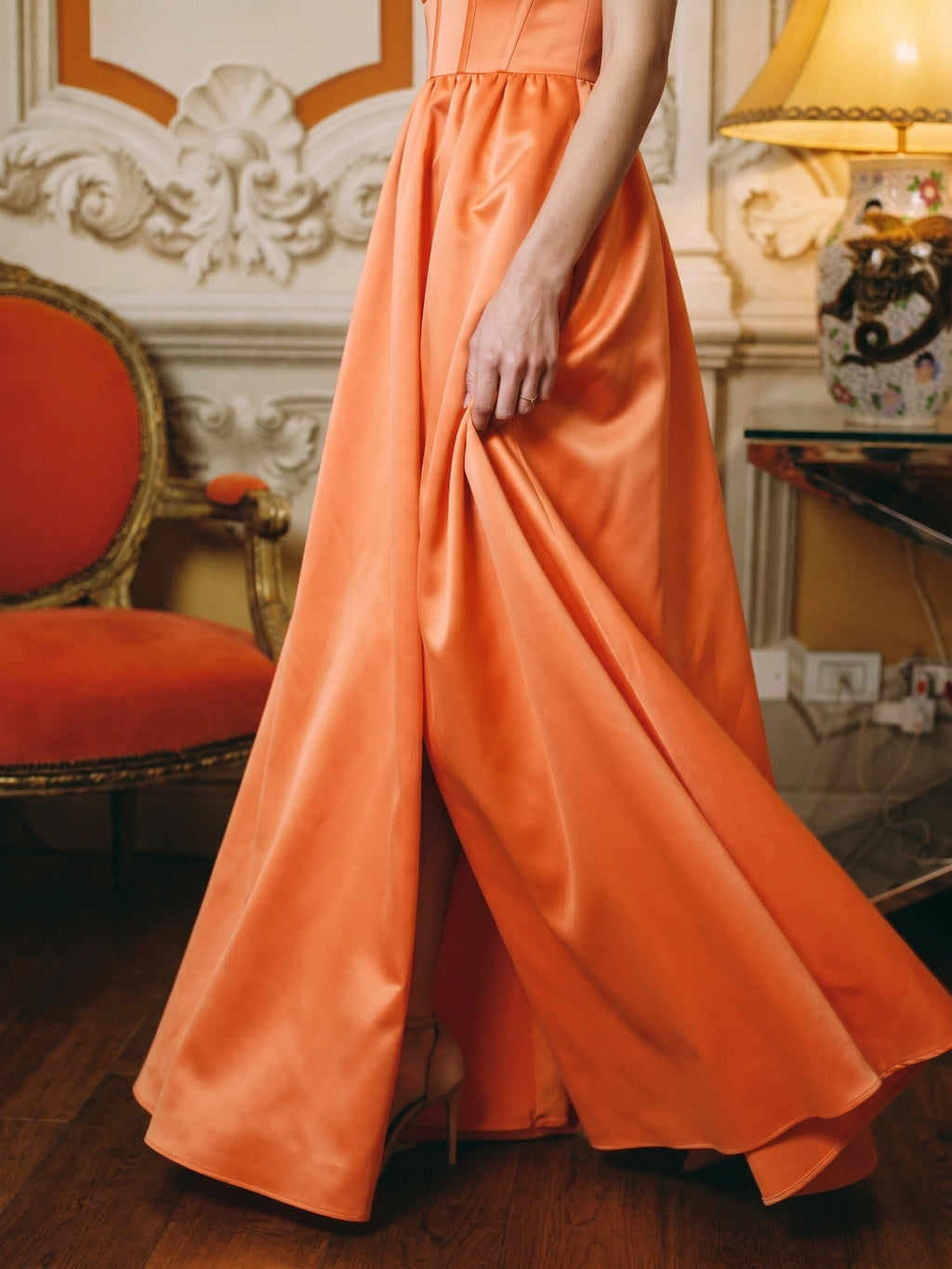 Statement Orange Satin A-Line Square Neck Backless Floor-Length Bridesmaid Dress with Pleated Detail