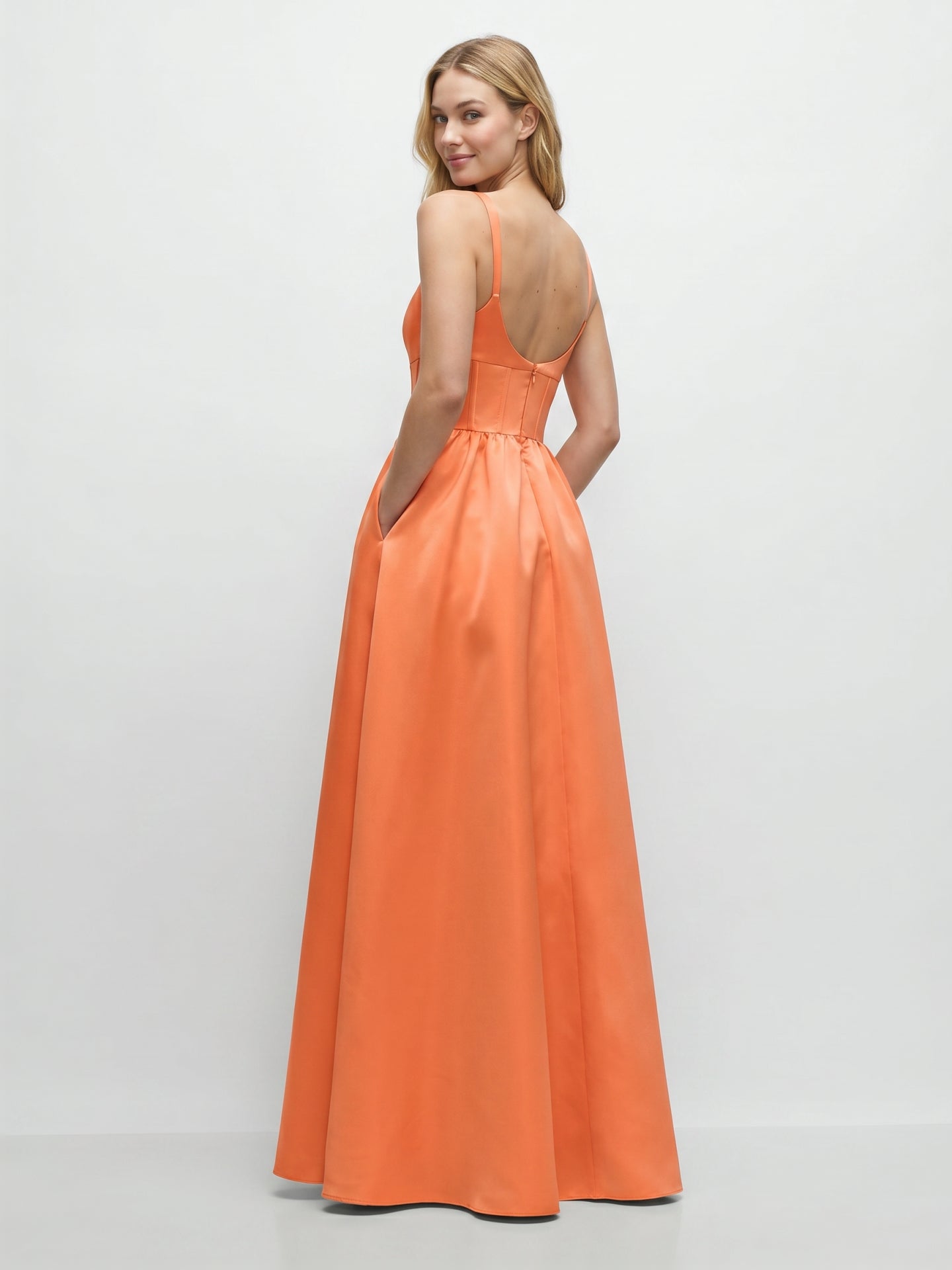 Statement Orange Satin A-Line Square Neck Backless Floor-Length Bridesmaid Dress with Pleated Detail