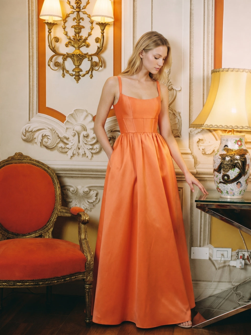 Statement Orange Satin A-Line Square Neck Backless Floor-Length Bridesmaid Dress with Pleated Detail