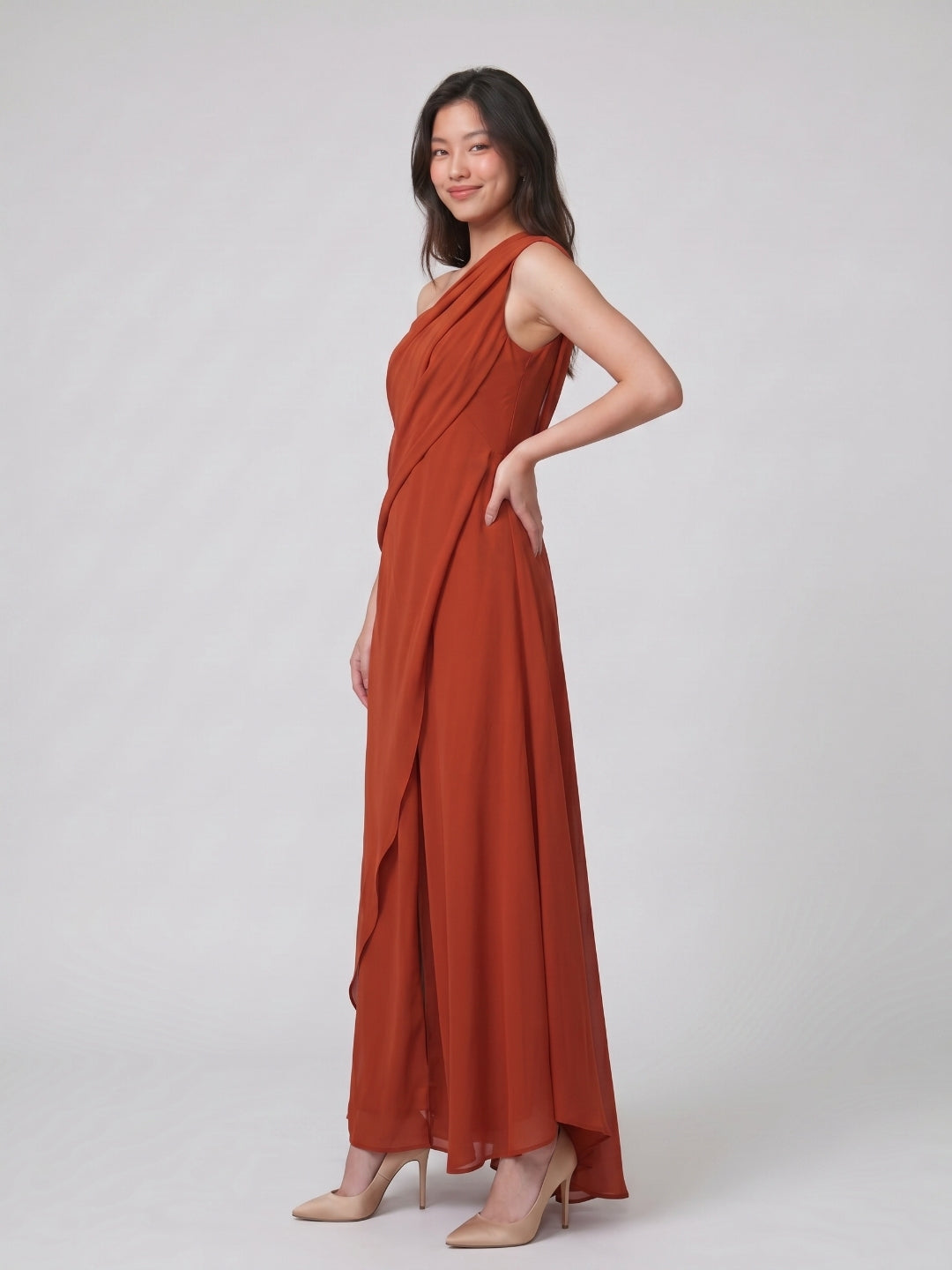 Statement Rust Chiffon Column One-Shoulder Backless Floor-Length Bridesmaid Dress with Pleats