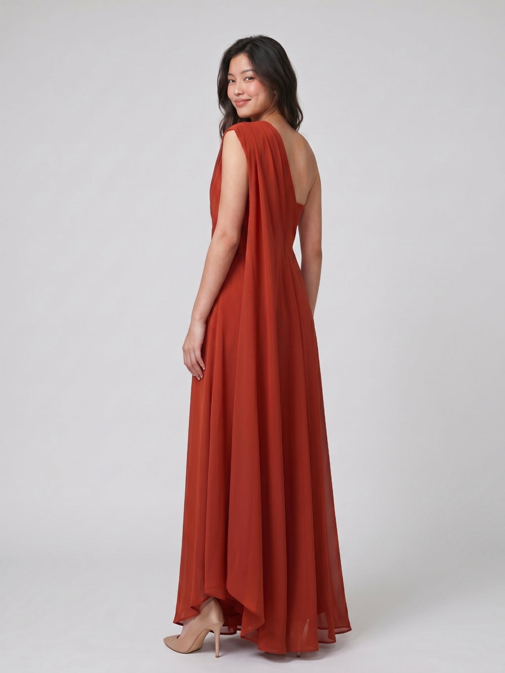 Statement Rust Chiffon Column One-Shoulder Backless Floor-Length Bridesmaid Dress with Pleats