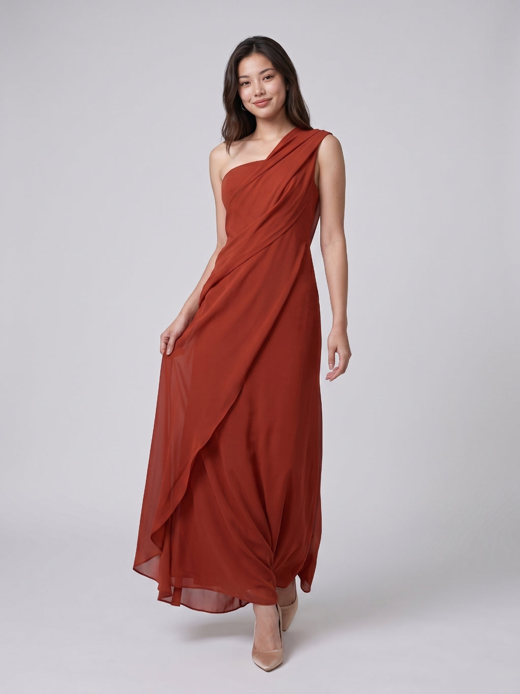 Statement Rust Chiffon Column One-Shoulder Backless Floor-Length Bridesmaid Dress with Pleats