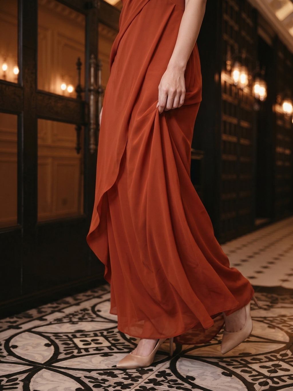 Statement Rust Chiffon Column One-Shoulder Backless Floor-Length Bridesmaid Dress with Pleats
