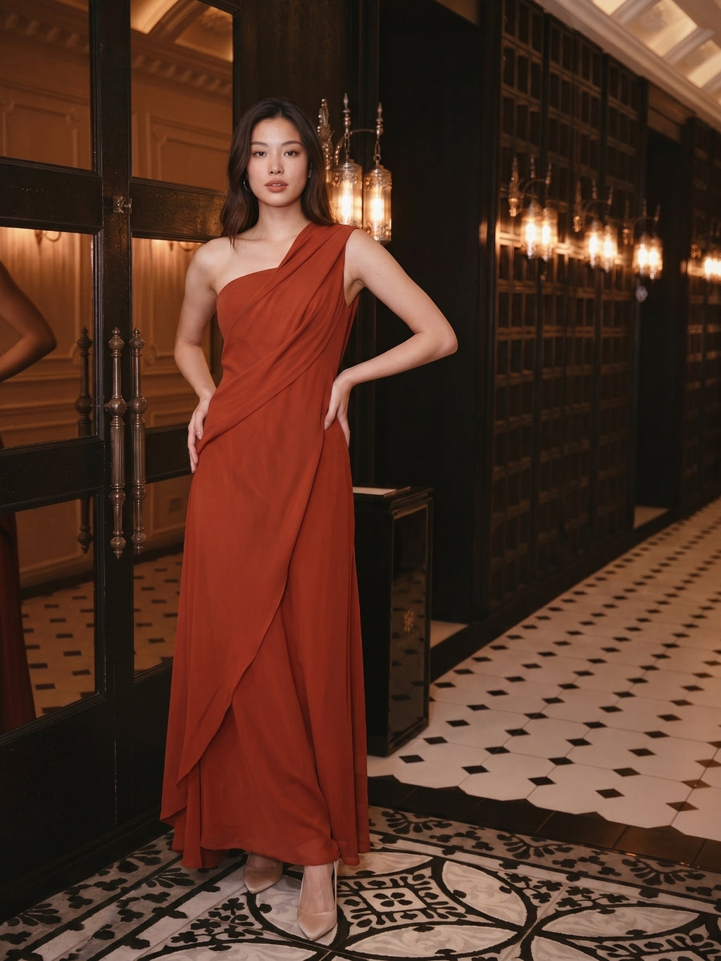 Statement Rust Chiffon Column One-Shoulder Backless Floor-Length Bridesmaid Dress with Pleats