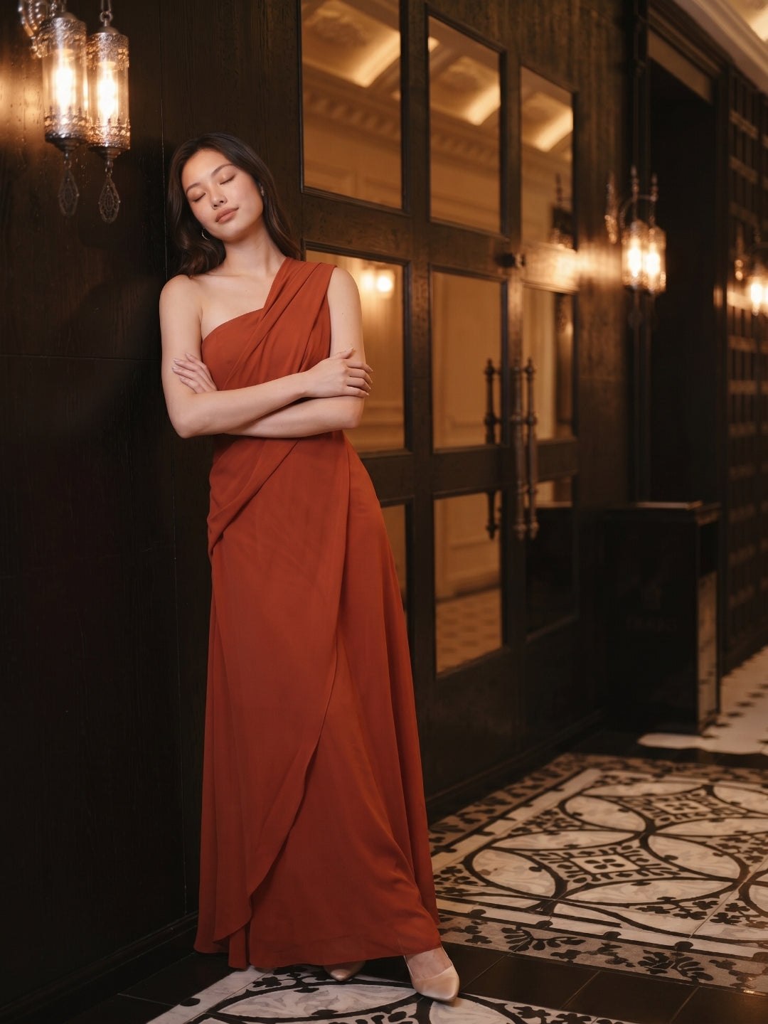 Statement Rust Chiffon Column One-Shoulder Backless Floor-Length Bridesmaid Dress with Pleats