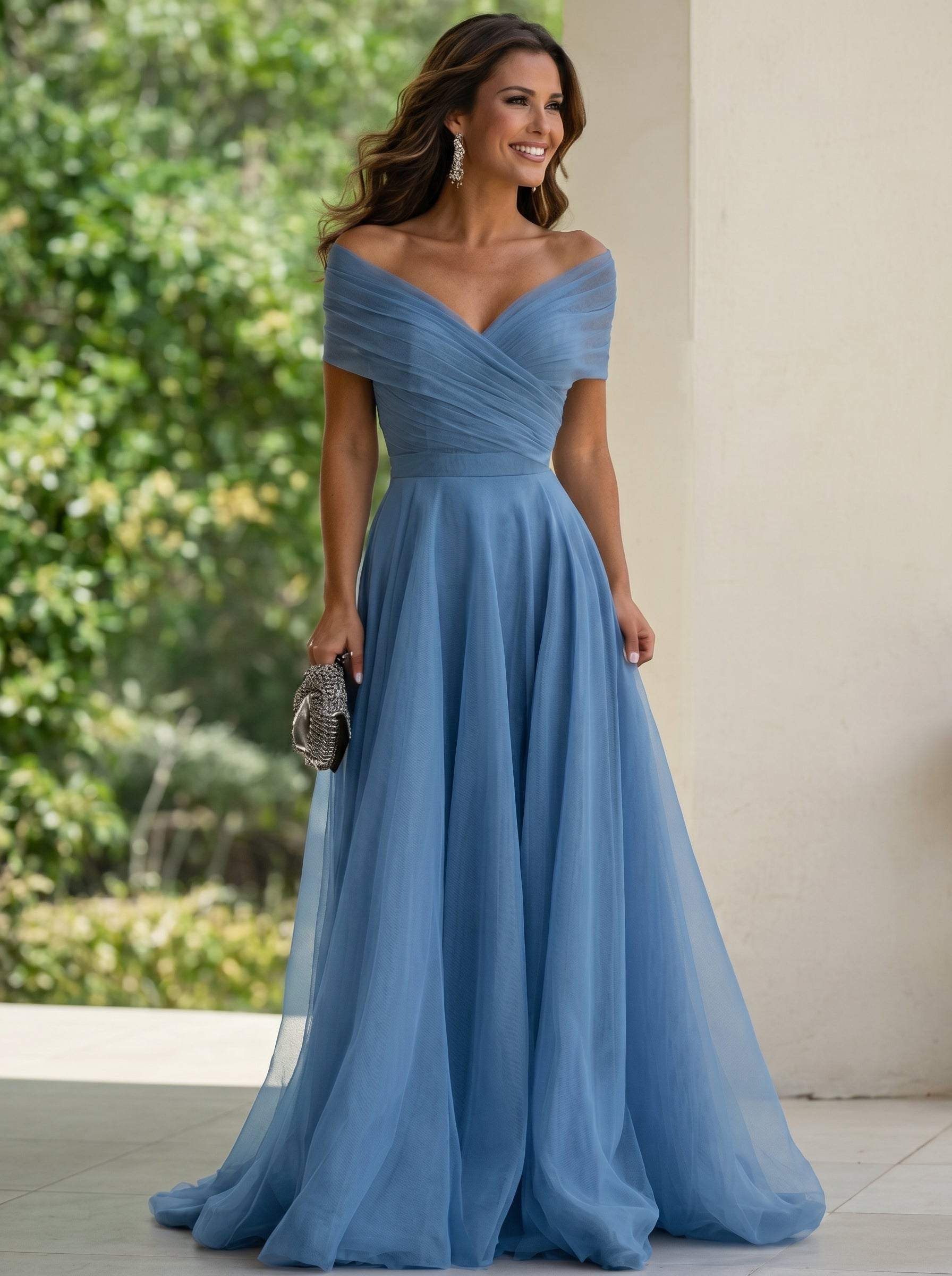 Steel Blue Tulle A-Line Off-the-Shoulder Backless Floor-Length Evening Dress with Pleats