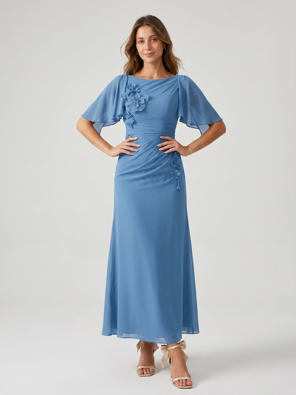 Steel Blue Chiffon A-Line Scoop Neck Back Zip Floor-Length Dress with 3D Flowers