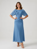 Steel Blue Chiffon A-Line Scoop Neck Back Zip Floor-Length Dress with 3D Flowers