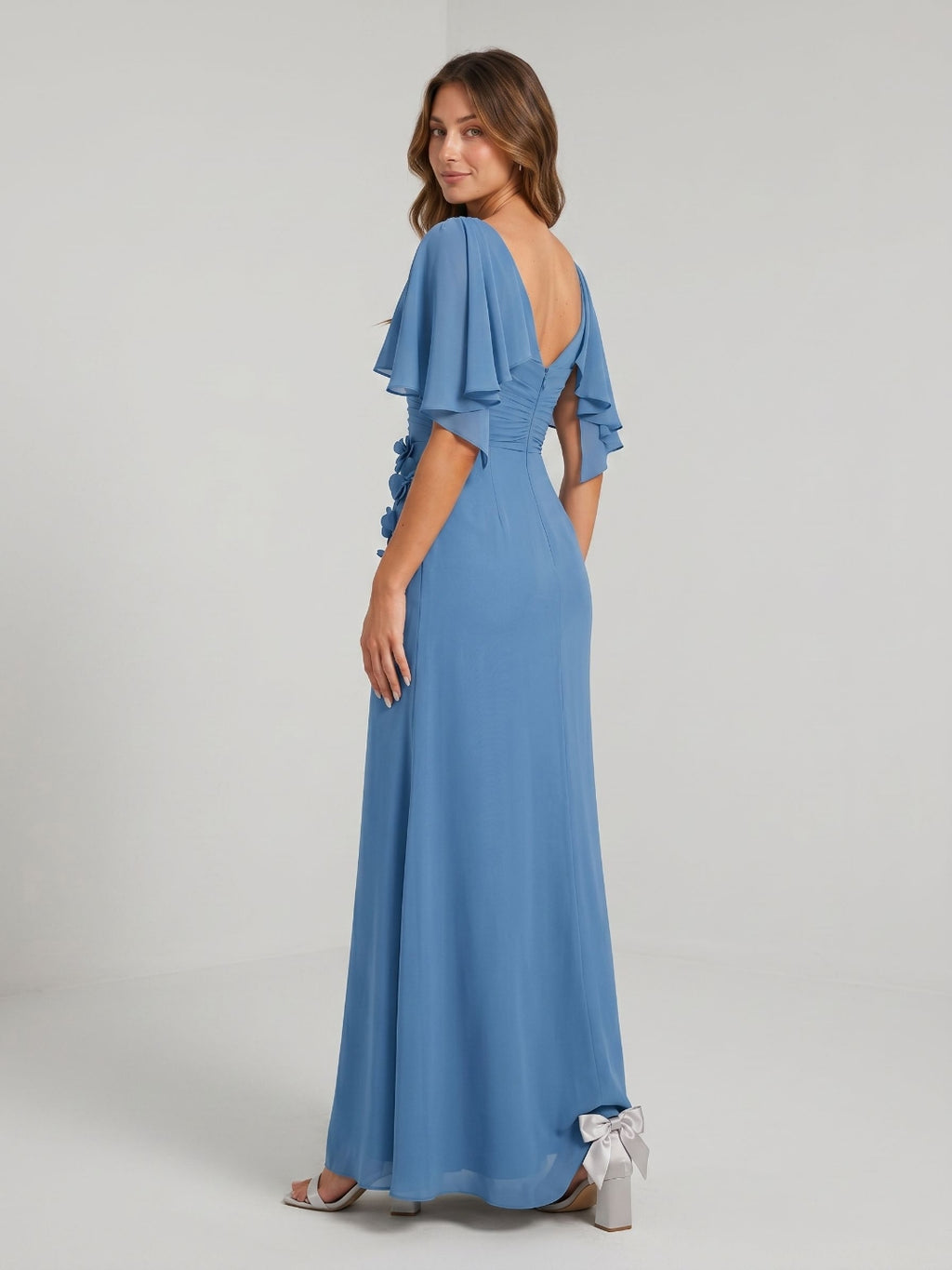 Steel Blue Chiffon A-Line Scoop Neck Back Zip Floor-Length Dress with 3D Flowers