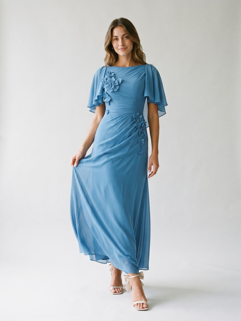 Steel Blue Chiffon A-Line Scoop Neck Back Zip Floor-Length Dress with 3D Flowers