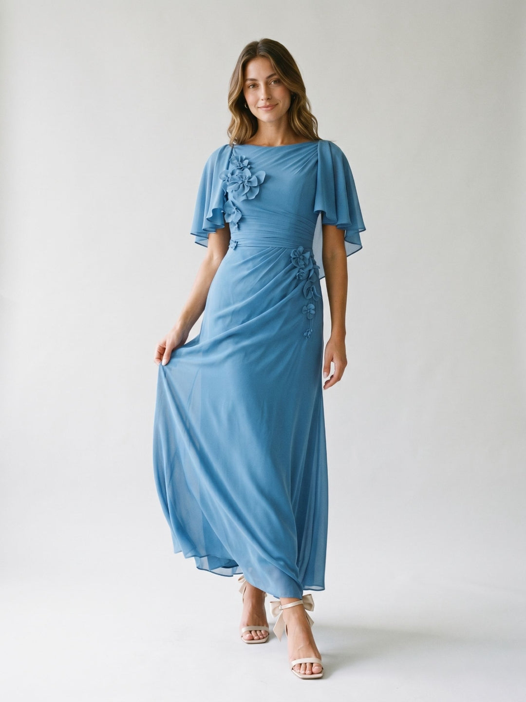 Steel Blue Chiffon A-Line Scoop Neck Back Zip Floor-Length Dress with 3D Flowers