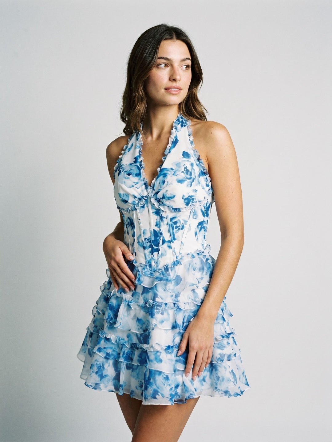 Steel Blue Chiffon A-Line V-Neck Back Zip Short Dress with Pleating