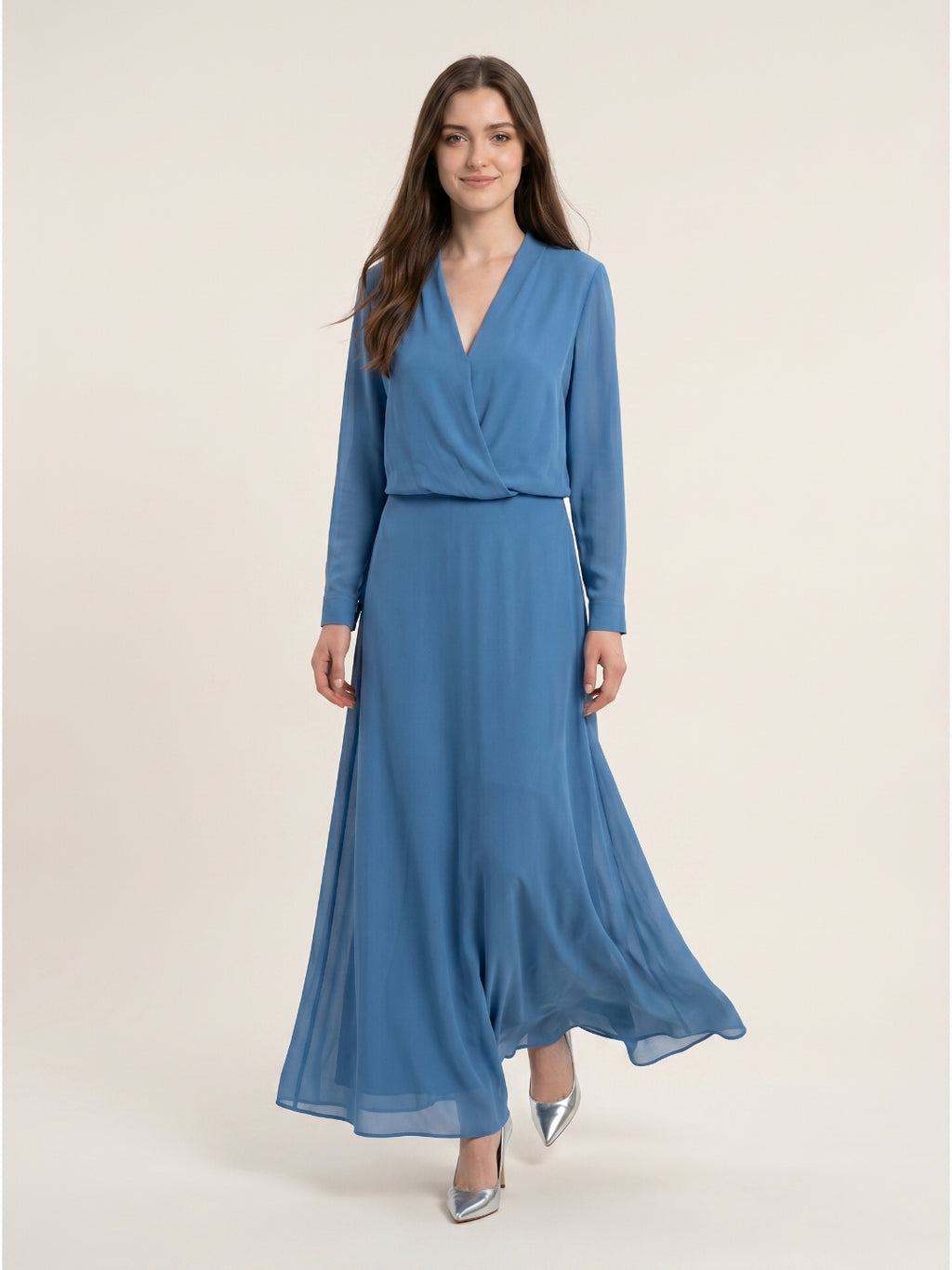 Steel Blue Chiffon A-Line V-Neck Floor-Length Mother of the Bride Dress