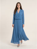 Steel Blue Chiffon A-Line V-Neck Floor-Length Mother of the Bride Dress